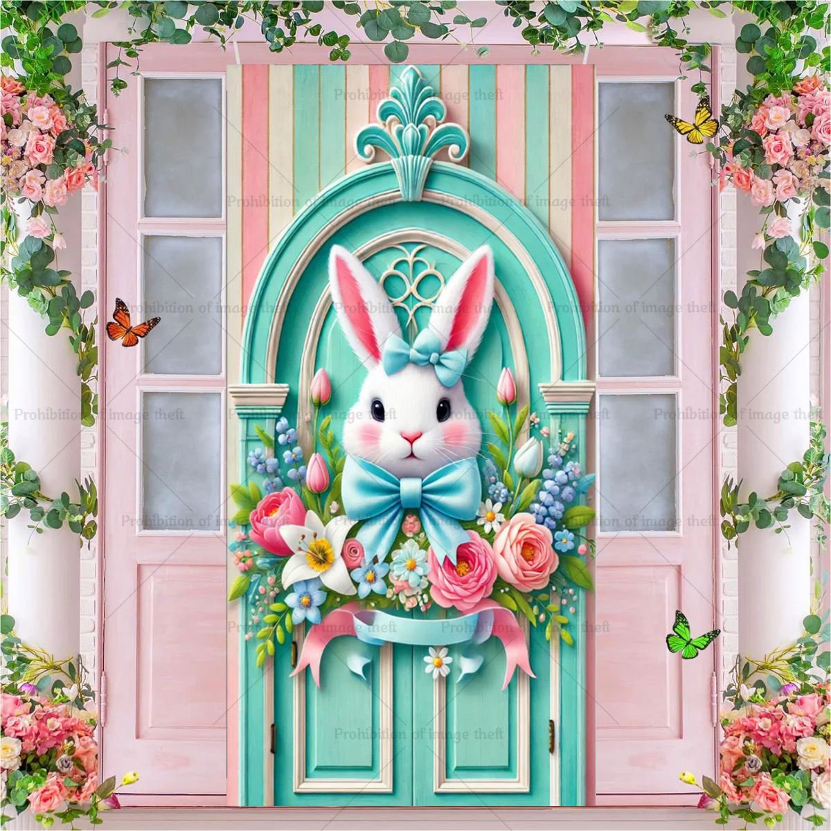 

Happy Easter Theme Background Fantasy Spring Wreath Door Cover Bunny Dog Flower Eggs Cute Rabbit Baby Party Decoration Gift Prop