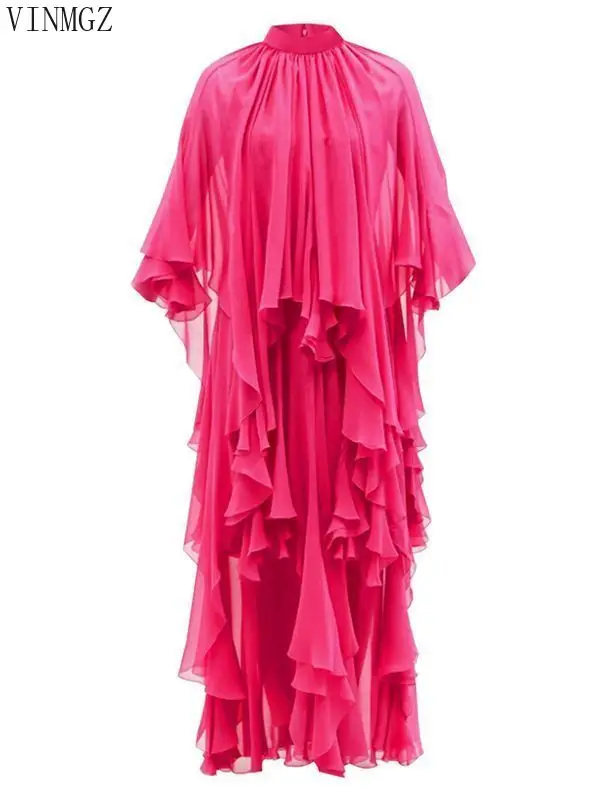 

Irregular design ruffle leaf edge vacation pendulum dress layers of elegant style stand-up collar chiffon dress