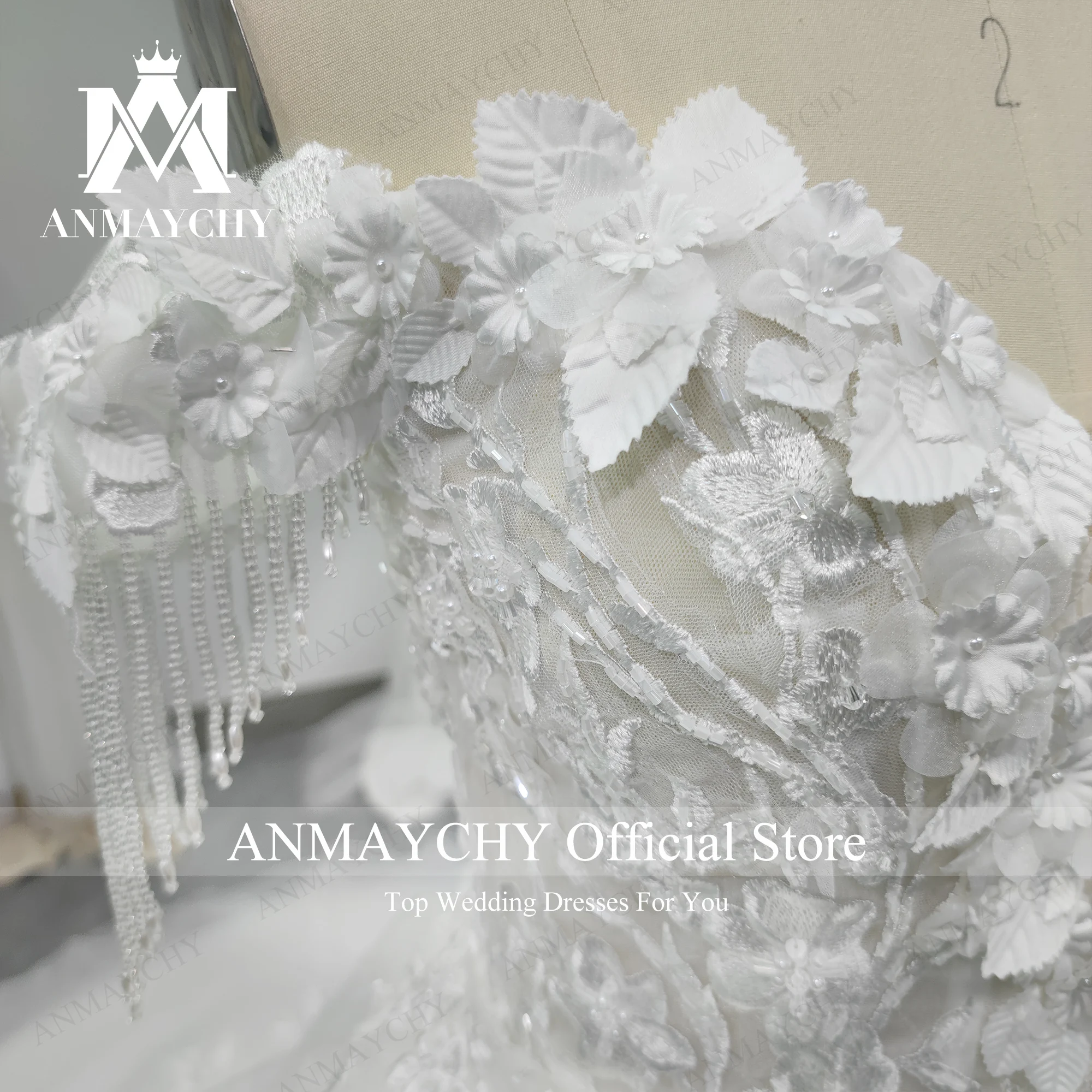 ANMAYCHY Luxury Wedding Dresses For Women 2022 Bride Off the Shoulder Beading Flowers Lace A-Line Wedding Gown Vestidos De Novia