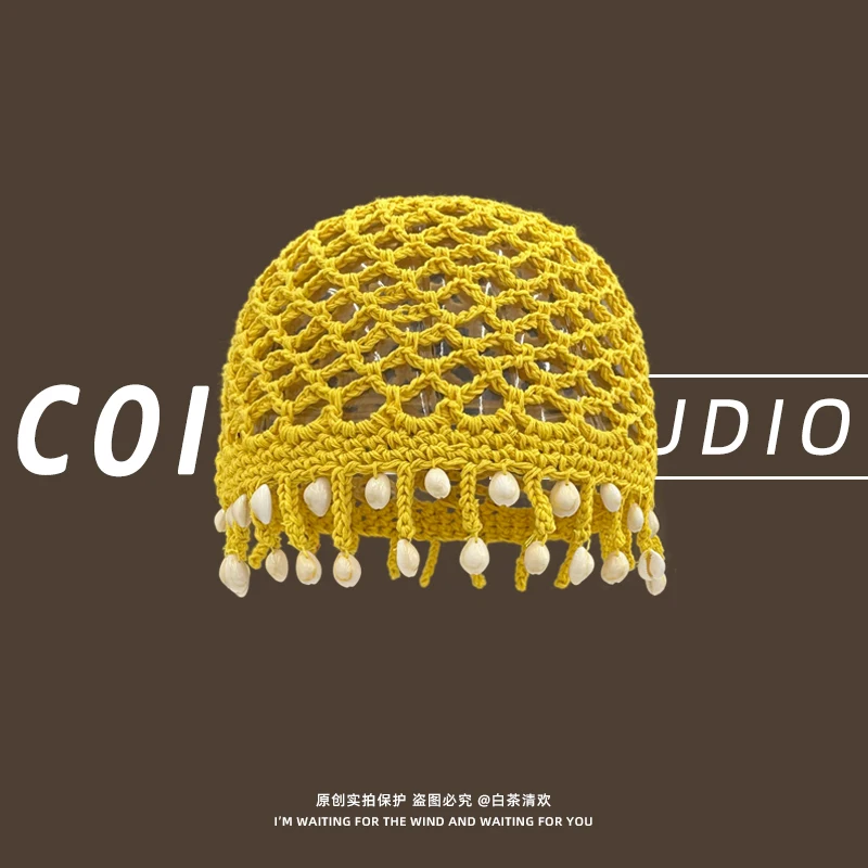 Personality Shell Fringed Knitted Fishing Net Beanies for Women Spring Summer Fashion Versatile Bohemian Style Pullover Hats