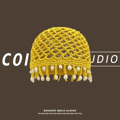 Imagen 2 del producto Gorros de red de pesca de punto con flecos de concha con personalidad para mujer, moda de primavera y verano, jersey versátil de estilo bohemio, sombreros