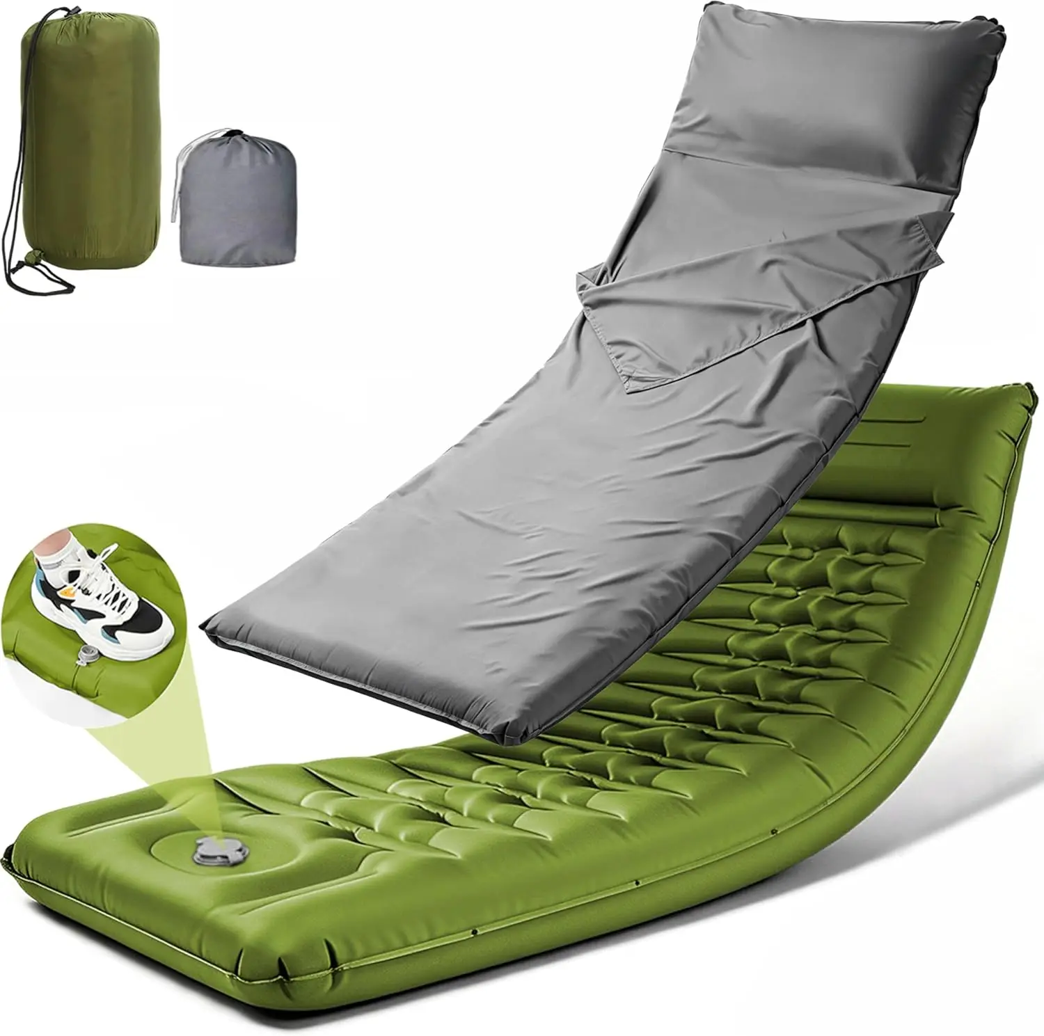 Green 5 Inch Thick Self-Inflating Camping Pad Foot Pump Pillow Matching Thin Liner Sheet For Outdoor Hiking Backpacking Travel Camping