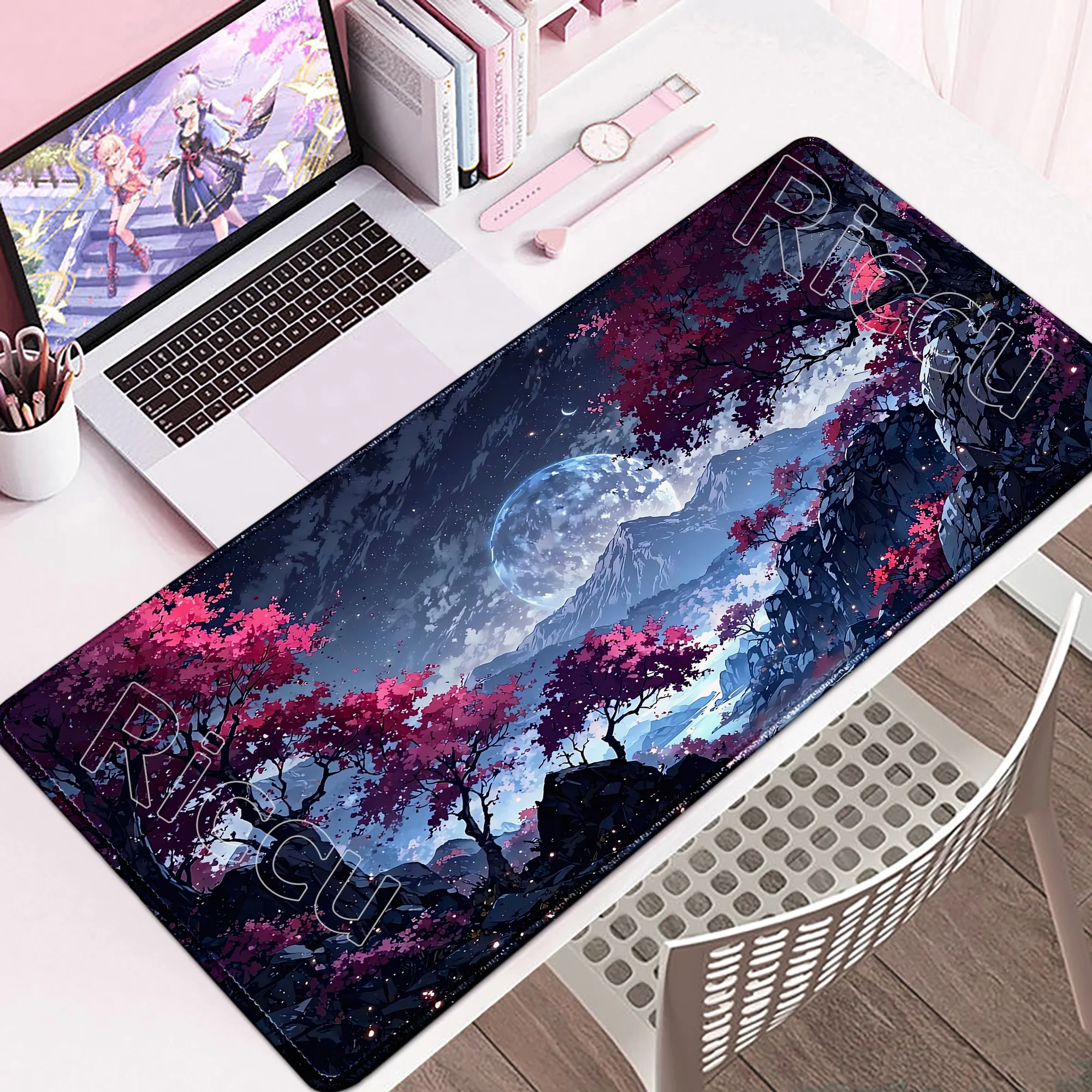 Beautiful Sakura Scenery Moon Mouse Pad Laptop Gaming PC Keyboard Mat Large Game Accessories Non-slip Rubber 500×1000mm Desk Mat
