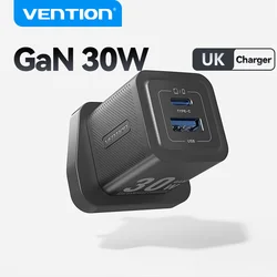 Vention UK GaN 30W Fast Charger for iPhone 15 14 13 PD3.0 Charger for iPad Pro Xiaomi Samsung Type C Mobile Phone US USB Charger