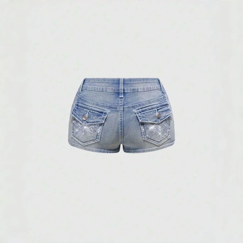 Embellished Crystal Back Pocket Denim Shorts Female Jeans High Waist Slim Fit Ladies Summer Vintage Trendy Fashion view 4