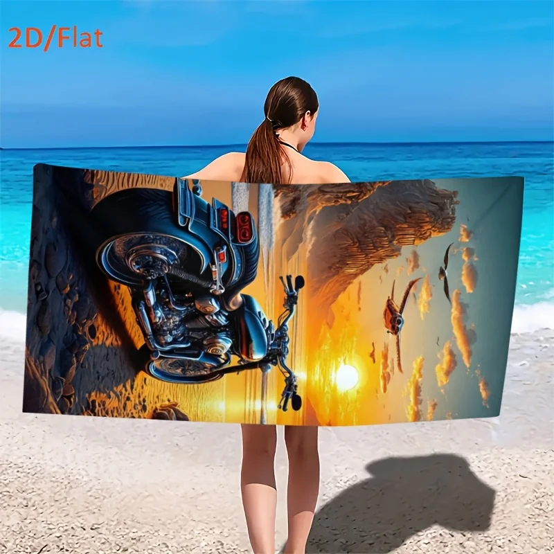 1pcs Stunning Sunset Motorcycle Beach Towel, Bold Bike Graphic Pool Blanket, Cool Summer Vibes Bath Towel