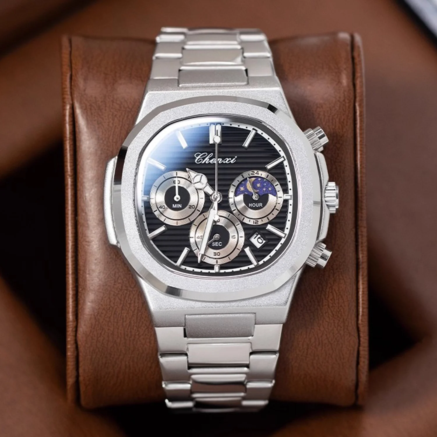 

CHENXI модные роскошные мужские часы из нержавеющей стали с кварцевым механизмом, водостойкий календарь, часы с хронографом и фазой Луны для мужчин