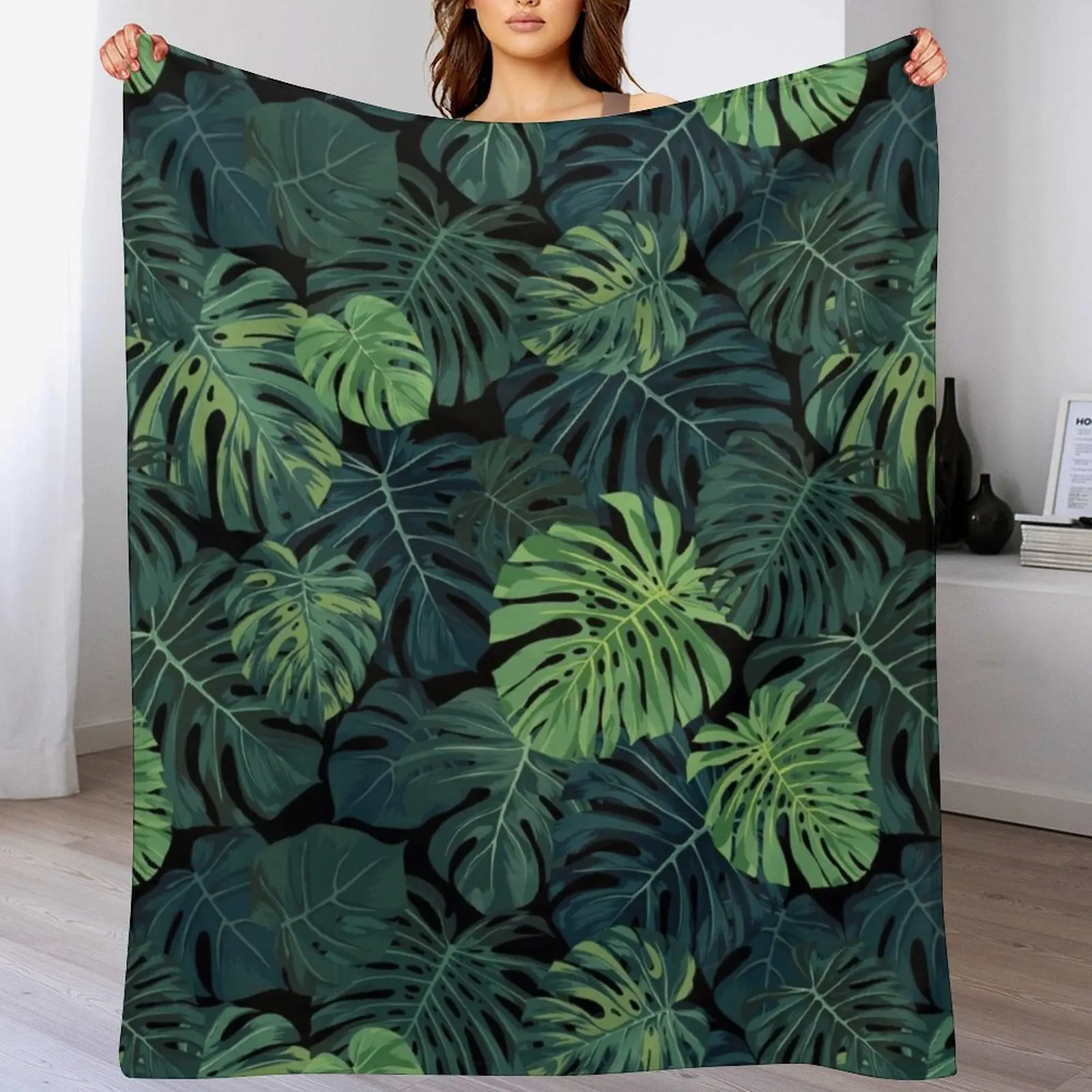 Monstera leaves Throw Blanket Cozy Warm Blanket for Bed Room Decor