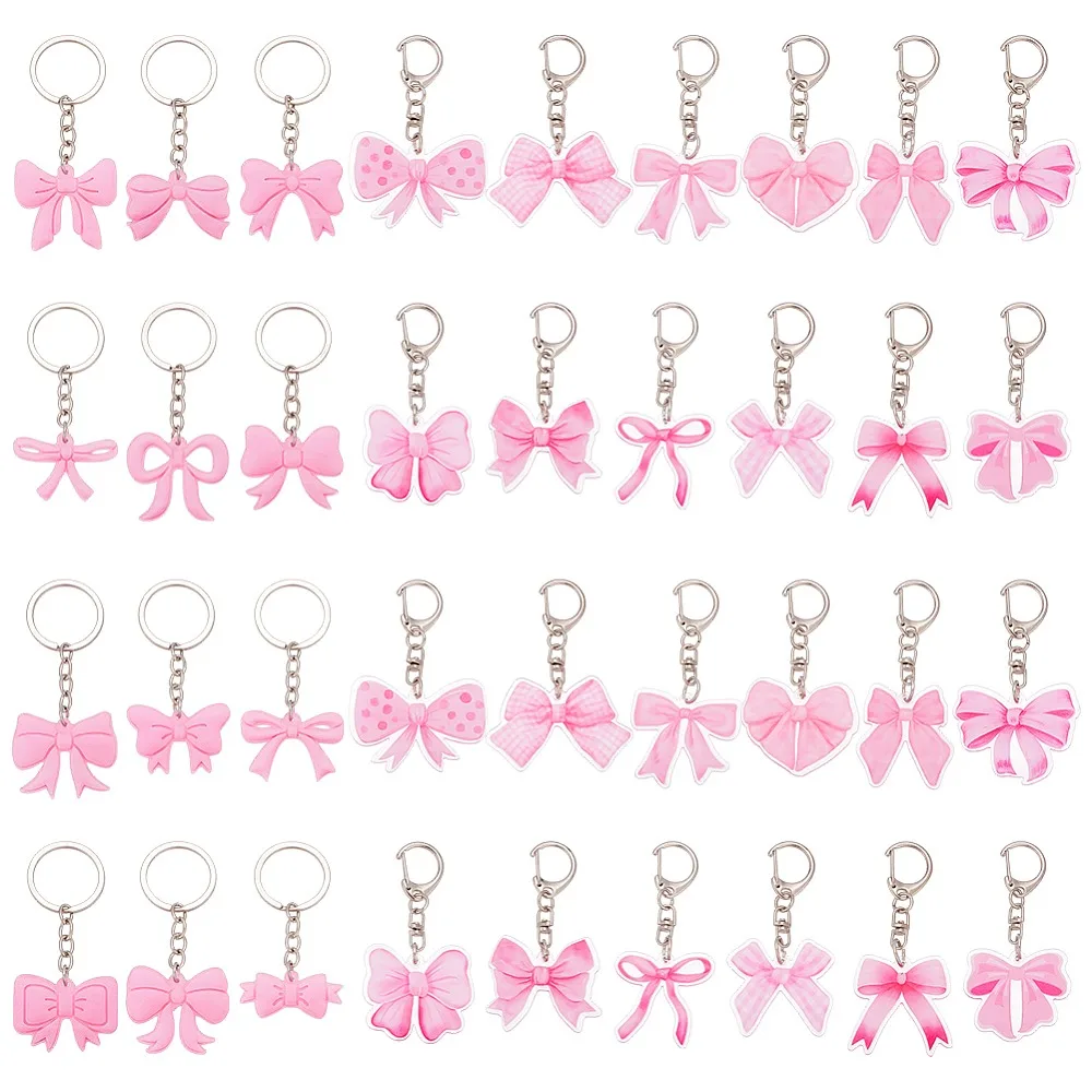 

36Pcs Acrylic Bowknot Keychains with Iron Key Ring Platinum Pink 67~93mm