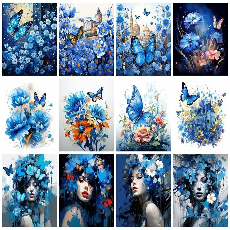 

CHENISTORY Pictures By Number Blue Butterfly Flower Woman Kits Painting By Numbers Drawing On Canvas Art DIY Gift Home Decor