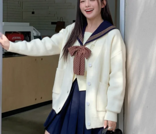 Large Size Jk College Apricot Age-reducing Japanese Sweater Cardigan Sweet Girl Loose Versatile Long Sleeve V-neck Knitted Coat