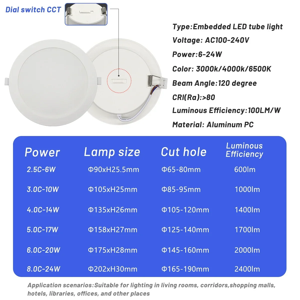 5 pçs led downlight dial swich cct 3000k 4000k 6500k recesso lâmpada do teto painel redondo para iluminação da sala de estar