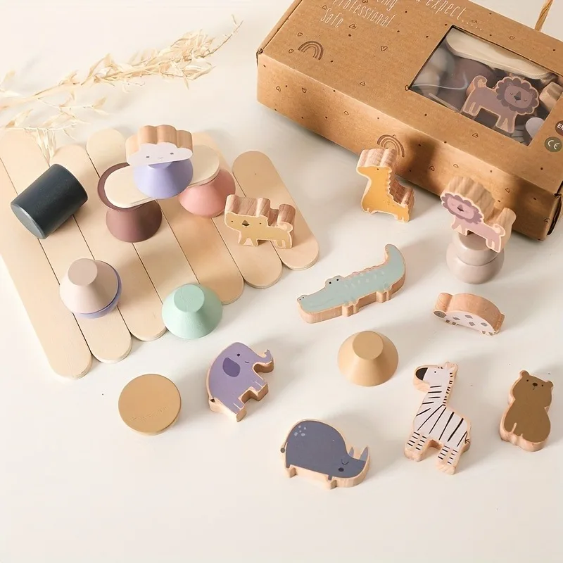 Wooden Stacking Toys for Toddlers Animals Stacking Blocks Balance Game Preschool Montessori Educational Toys for Kids Boys Girls