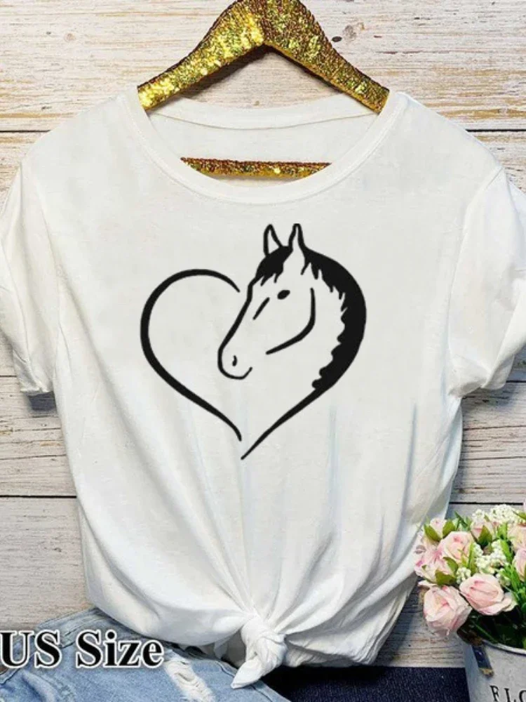 Horse Shape Heart Print Yellow T Shirt Women Short Sleeve O Neck Loose Women Tshirt Ladies Summer Fashion Tee Shirt Tops Clothes