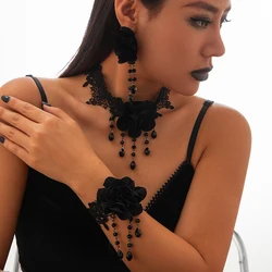 KunJoe Gothic Black Lace Choker Earring Bracelet Women Dark Rose Flower Halloween Jewelry Set Water Drop Crystal Tassel Necklace