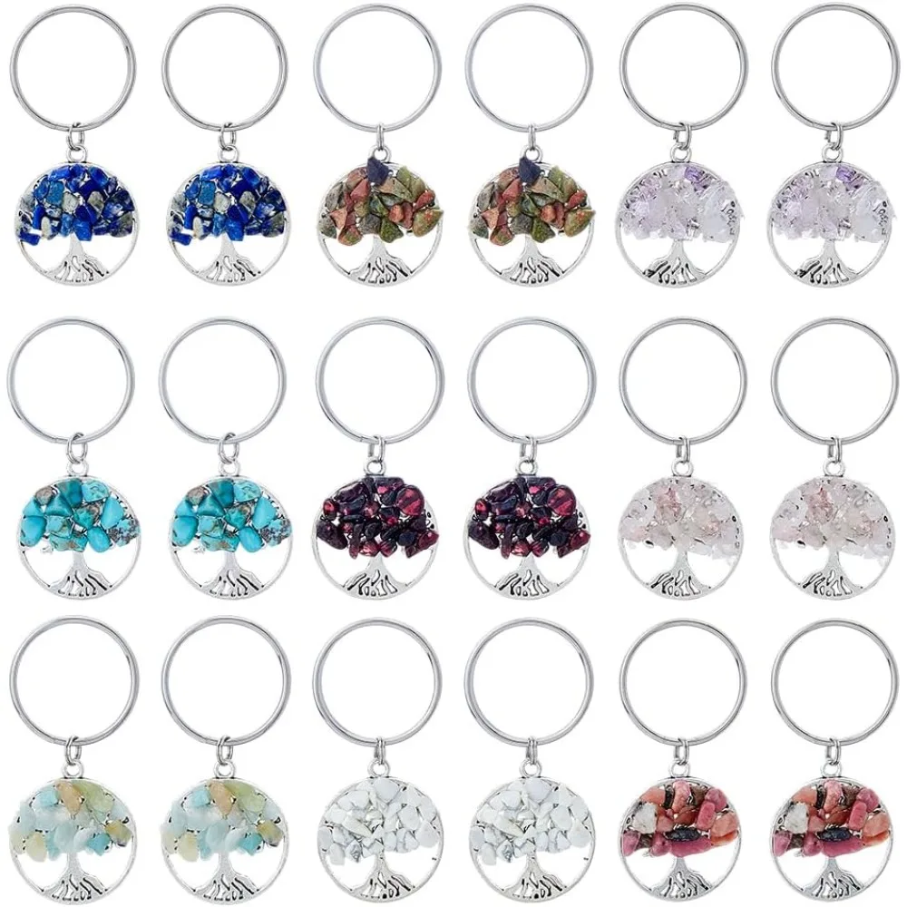 18Pcs 9 Styles Tree of Life Keychain Natural Crystal Stone Handmade DIY Keychain Charm Pendant Gemstone Key Chain Charm