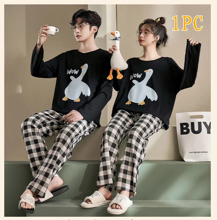 Cotton Couple Pajamas Set Women Men Long Sleeves Pants Home Clothing Casual Loose Sleepwear Cartoon Striped Plaid Loungewear 3XL