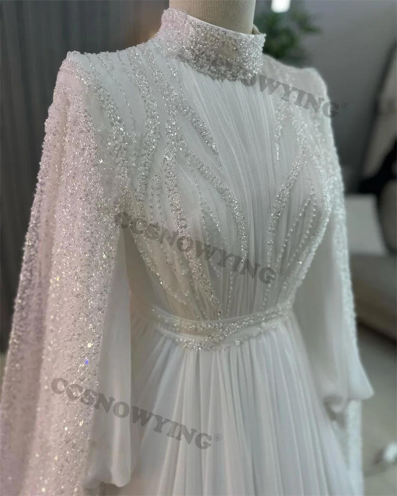 Wonderful  Chiffon Beaded Sequin Muslim White Puffy Sleeve  High Neck with Cape Wedding Dress Prom Dress Formal Occasion Dresses