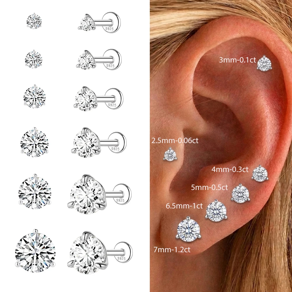 Aide 925 Sterling Silver Moissanite Flat Back Stud Earring Multi Size Solitaire Piercing Studs Birthday Anniversary Gift for Her