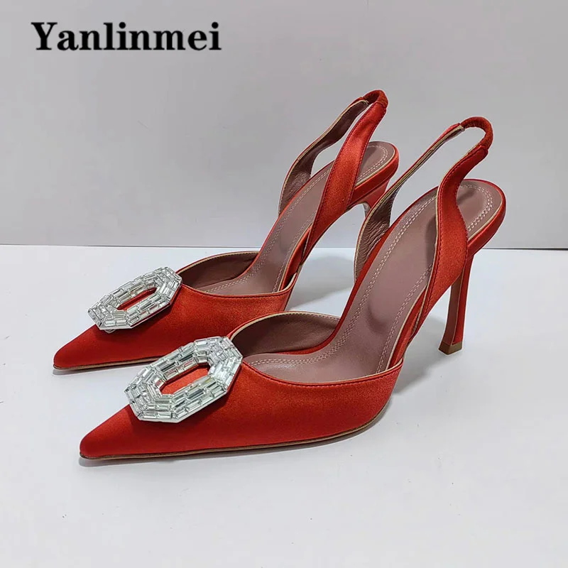 

Sexy High Heels Shoes Woman Rhinestone Square Buckle Party Shoes Pointed Toe Slingback Satin Stiletto Sandals Women's Pumps