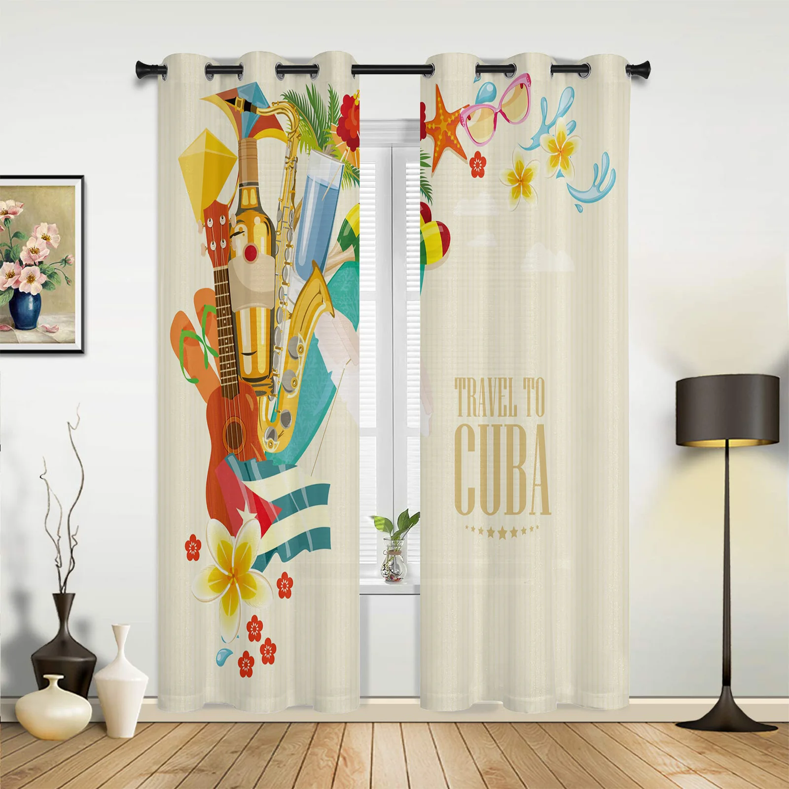 

Flower Guitar Starfish Window Curtain for Kitchen Balcony Windows Fashion Drapes for Bedroom Living Room Modern Home Decor