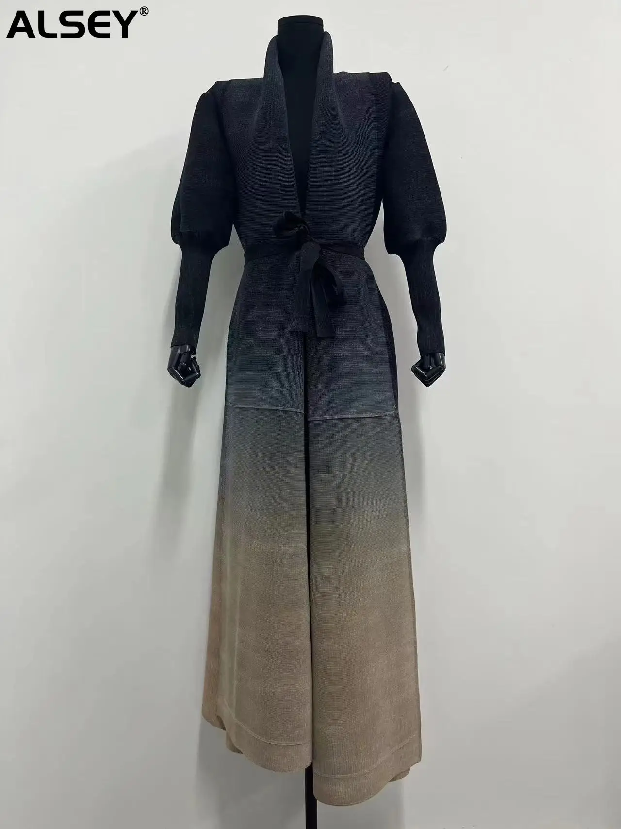 

ALSEY Miyake Pleated Lapel Trench Coat for Women Gradient Colot Full Lantern Sleeve Loose Lapel Medium Long Outwear New Clothing