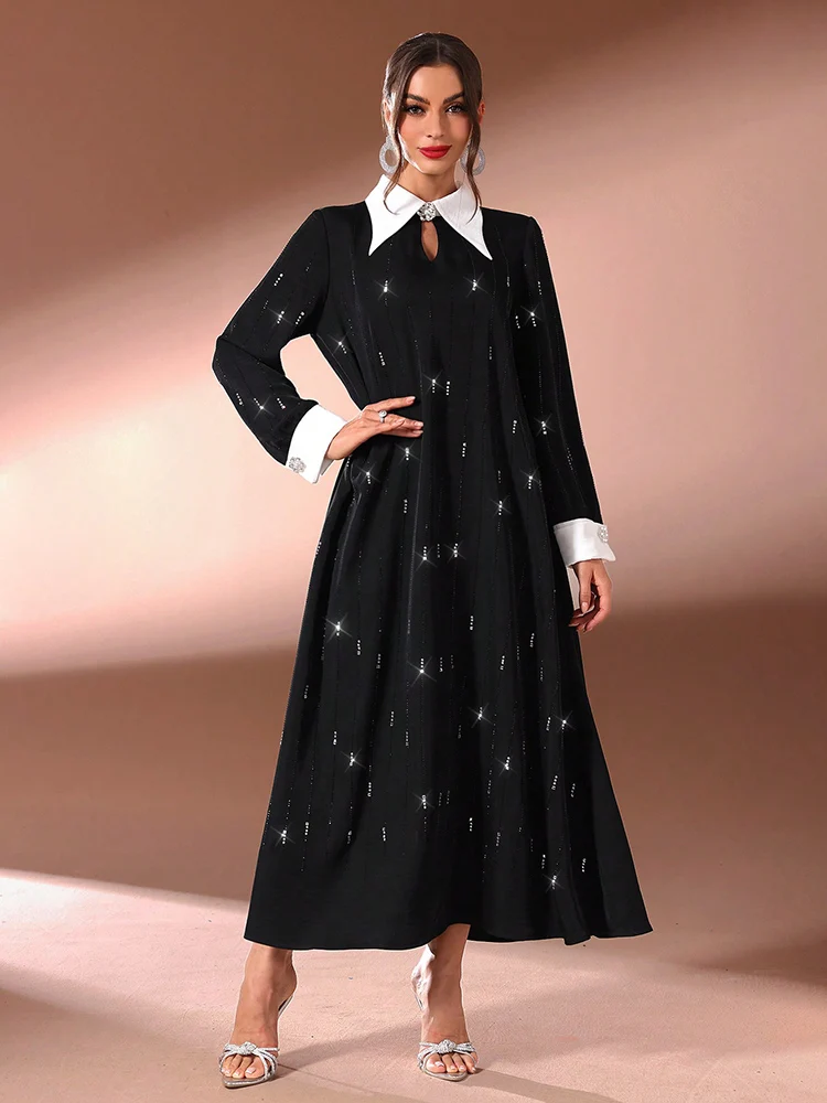 

TOLEEN-Women's Diamond Long Sleeve Evening Dresses, Luxury Elegant , Contrast Collar, Abaya, Arabian Party, Spring, Summer, 2024