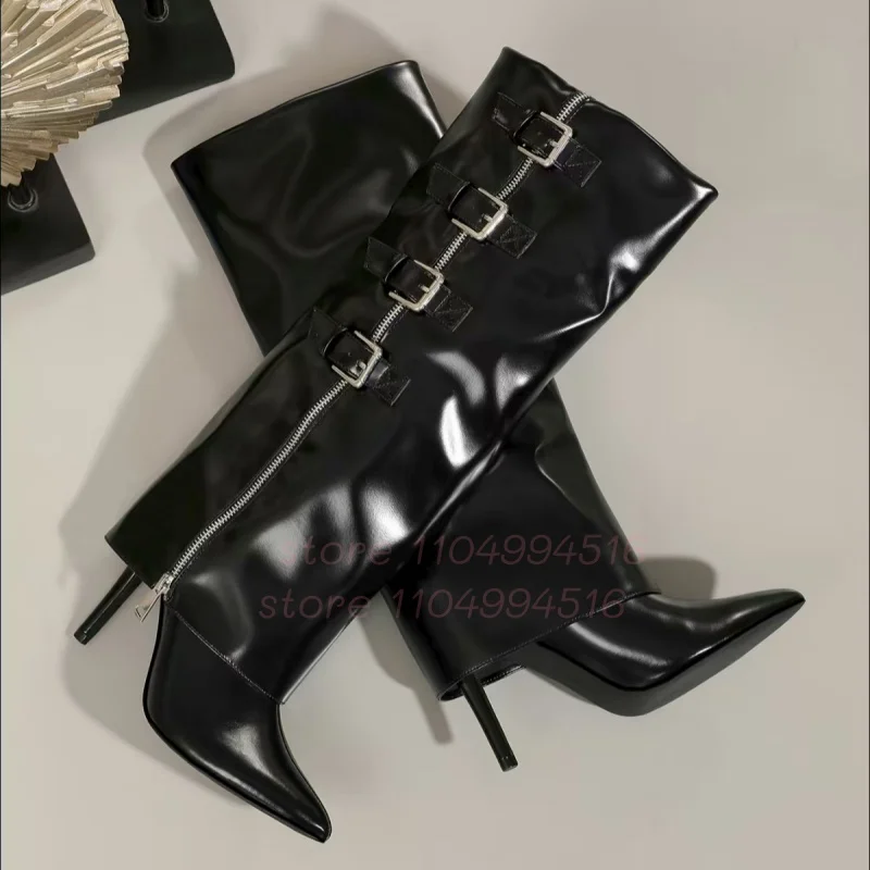 Flipped Belt Buckle Decoration Boots Women Leather Side Zipper Pointed Toe Knee High Heel Boots Sexy Fashion Party Catwalk Shoes