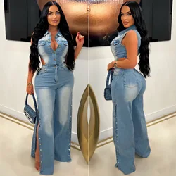 Women Jumpsuit Autumn Sexy Hollow Out Slim Stretch Denim Wide Leg Pants Jumpsuit Casual Tight Waist Straight Leg Jeans Jumpsuit