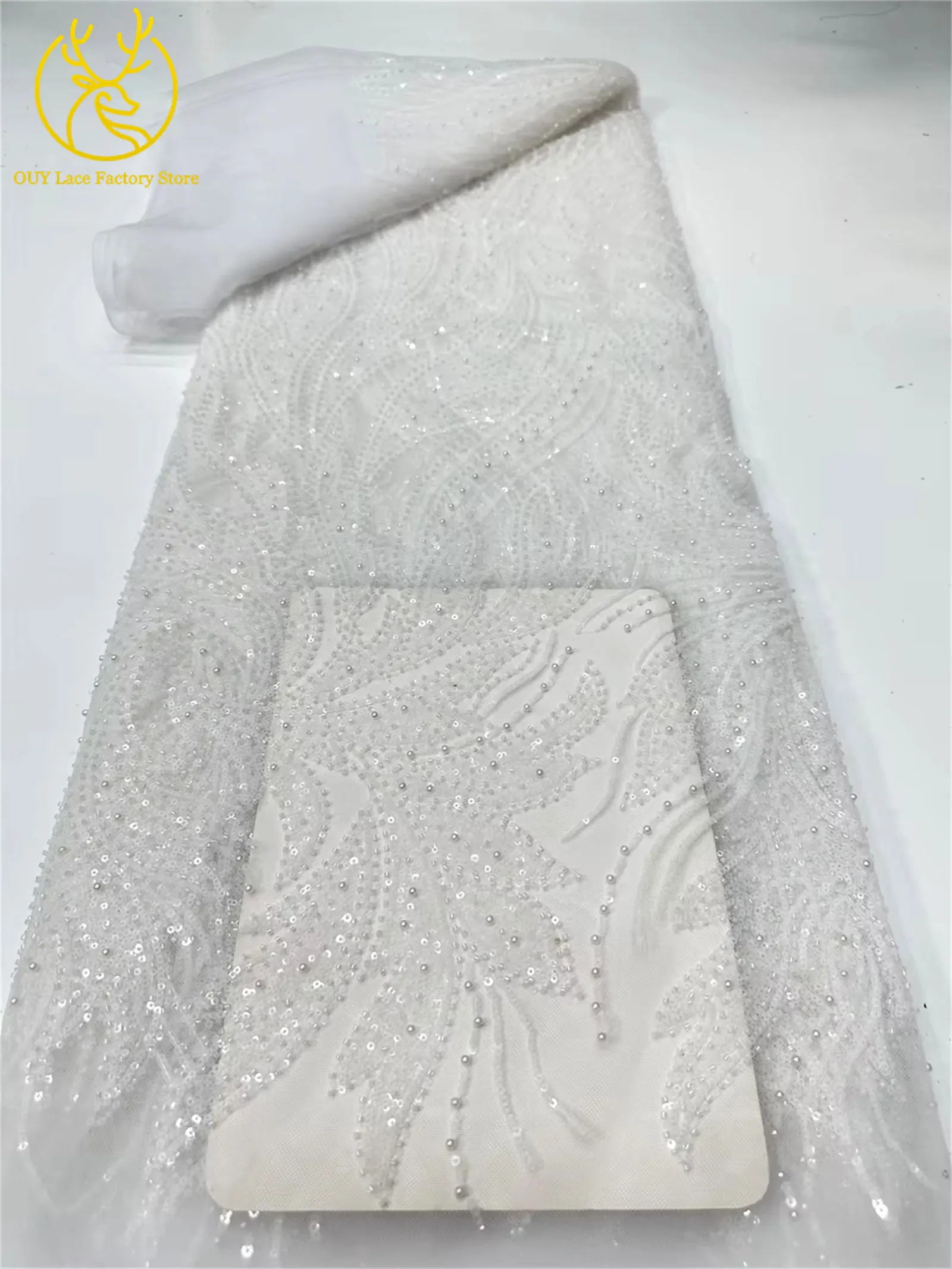 Luxuriöser Afrikanischer Bräutigam Perlenverzierter Tüll-Spitzenstoff Goldene Französische Pailletten-Spitze 5 Meter Nigerianischer Stoff für Brautkleider – Detail 8