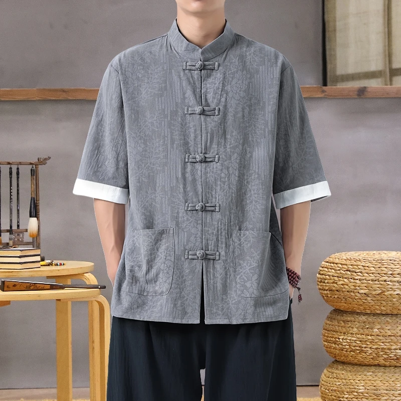 

Men's Lightweight Breathable Linen Mandarin Collar Shirt Summer Chinese Style Printed Top with Oriental Design for Casual Wear