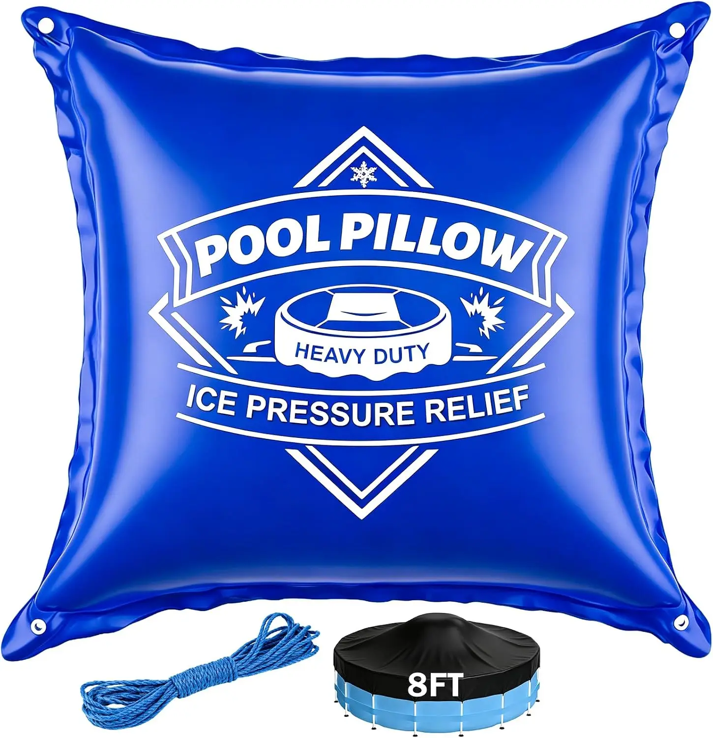 8x8ft Pool Pillow for Above Ground Pools - Ultra-Thick 0.5mm Winter Cover Air Pillow, Freeze-Resistant, Heavy Duty, with 49ft Rope