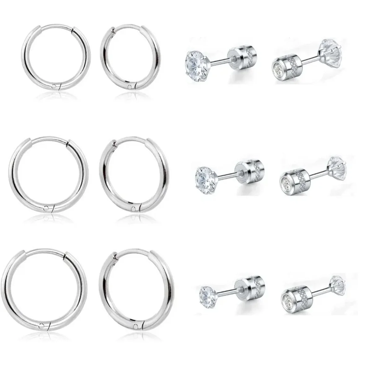 12pcs Stainless Steel Tiny Embossed Texture Screw Back Stud Earrings Set,Cubic Zerconia Flatback Tragus Helix Piercing Jewelry