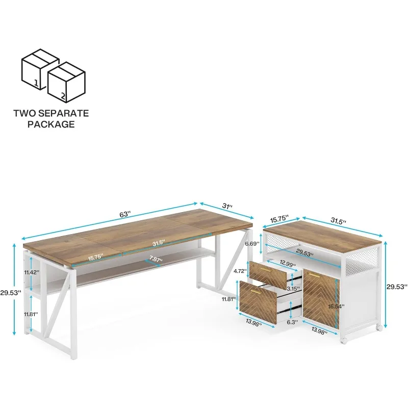 مكتب Tribesigns على شكل حرف L مع خزانة بأدراج، مكتب كمبيوتر تنفيذي مقاس 63 بوصة وخزانة ملفات جانبية، مكتب منزلي مكون من قطعتين