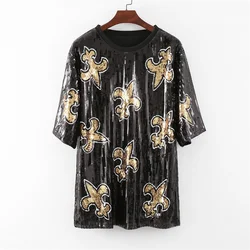 Summer New Short Sleeve Loose Geometry Women's Wear Sequins Streetwear Night Club Hip Hop Straight Round Neck T-Shirt