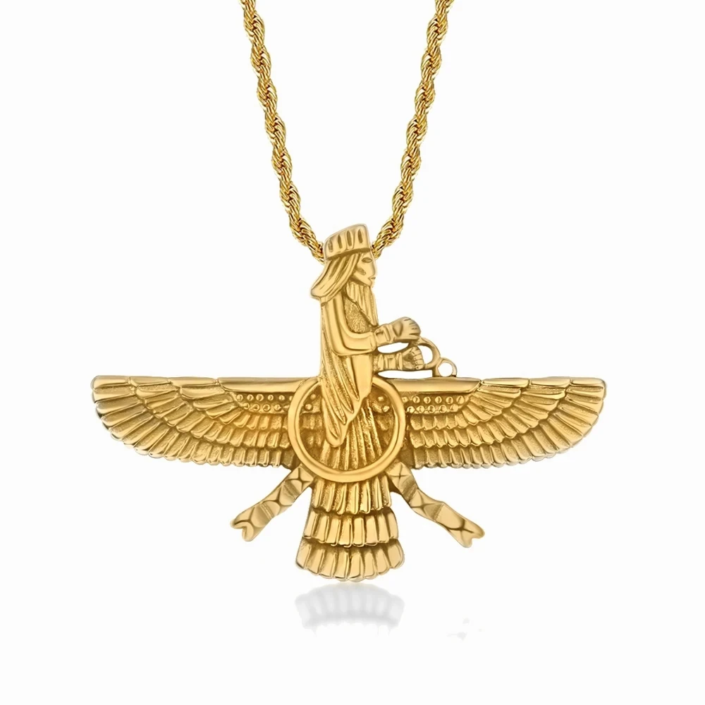 جديد الرجال الهيب هوب إيران Faravahar Ahura مازدا Zoroastrian عُقد ذهبي بدلاية اللون الفولاذ المقاوم للصدأ الرجال المجوهرات