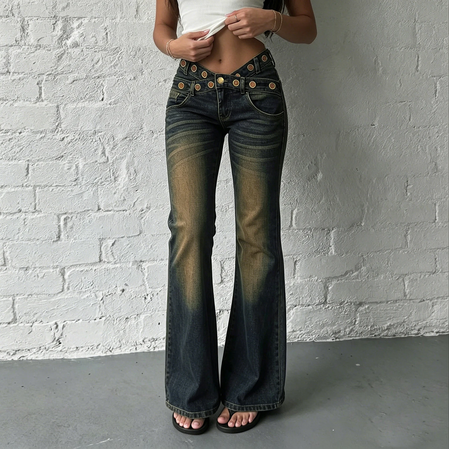 Women Low Waist Double Waistband Flare Jeans Vintage Washed Rivet Decor Denim Pants Y2K Streetwear Trousers Aesthetic