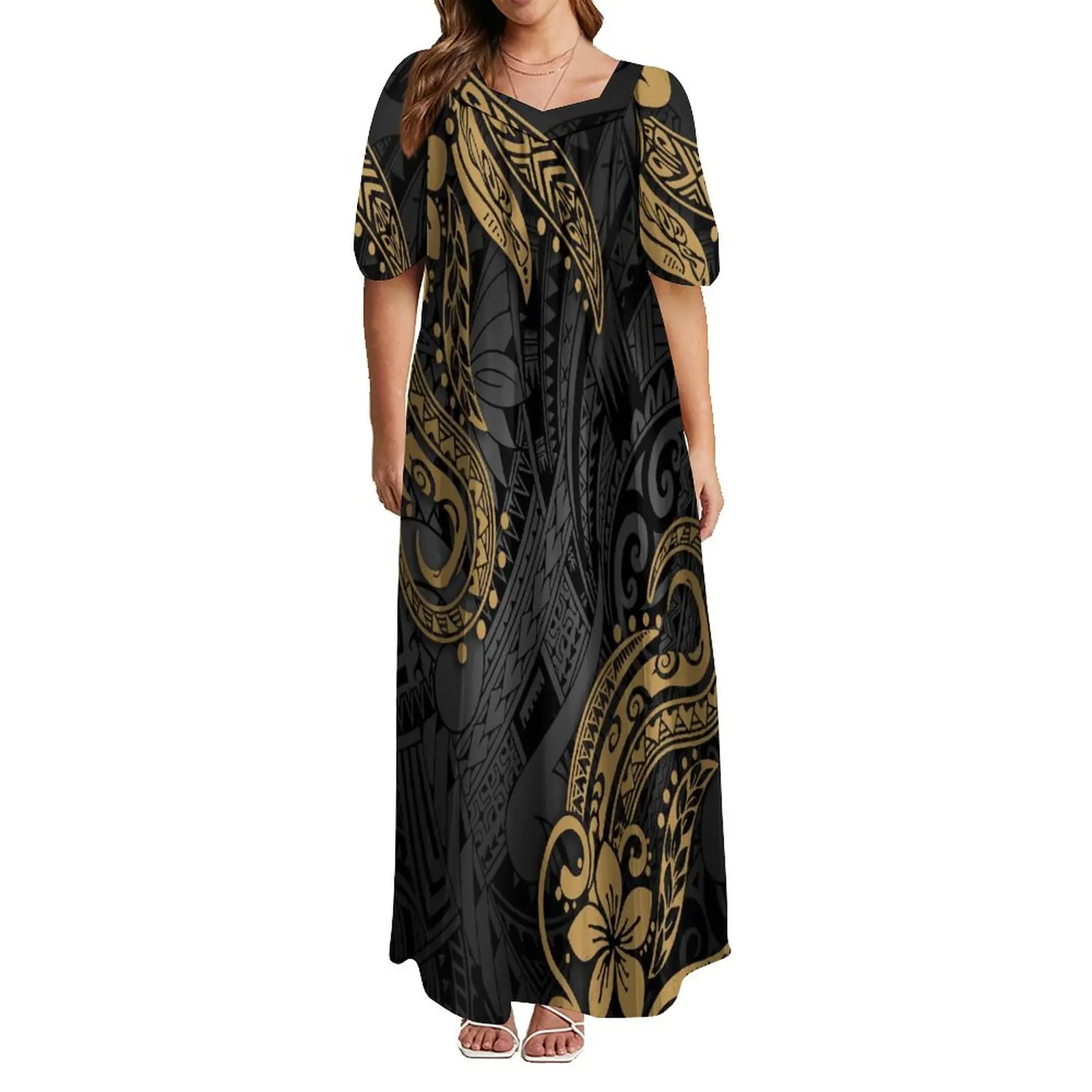 Custom Women's Dress Large Group Bag Bubble Sleeve Design Polynesian Art Pattern Print Long Dress 2023 New Women's Clothing