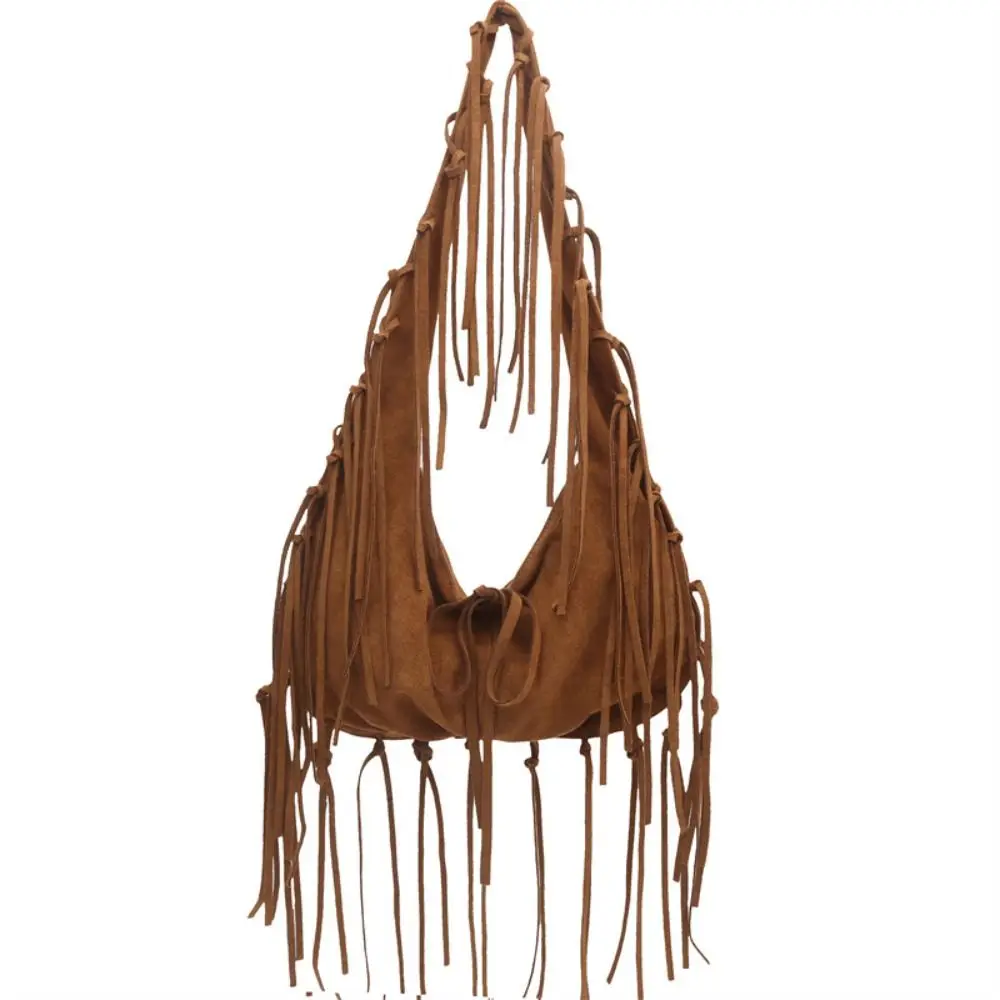 

Сумка на плечо с кисточками в западном стиле, нубуковая кожа, мягкая полиэстеровая замшевая сумка-тоут из искусственной кожи, простой дизайн, сумка большой вместимости