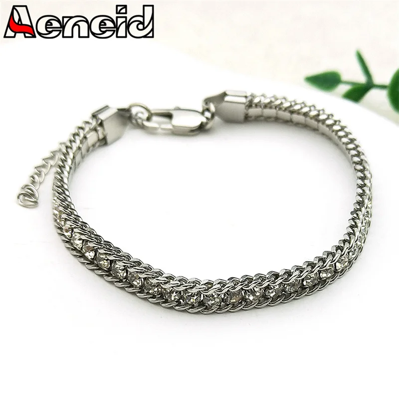 

Women Men Silver Color Crystal Rhinestones Bracelet Stainless Steel Jewelry Accessories Punk Hip Hop Chain Bangles Gift