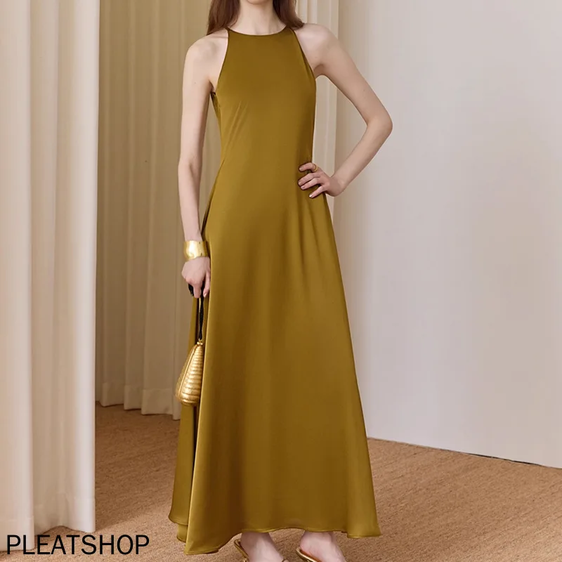 

Acetate Hanging Neck Noble Chic One-piece Dress 2025 Summer New Sleeveless Dresses