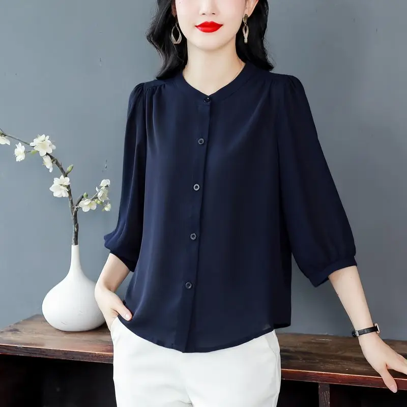 Elegante Chiffon Effen Kleur Shirt Tops Zomer Nieuwe Dunne Plus Size Losse Knoop Temperament Blouse Mode Casual Vrouwen Kleding