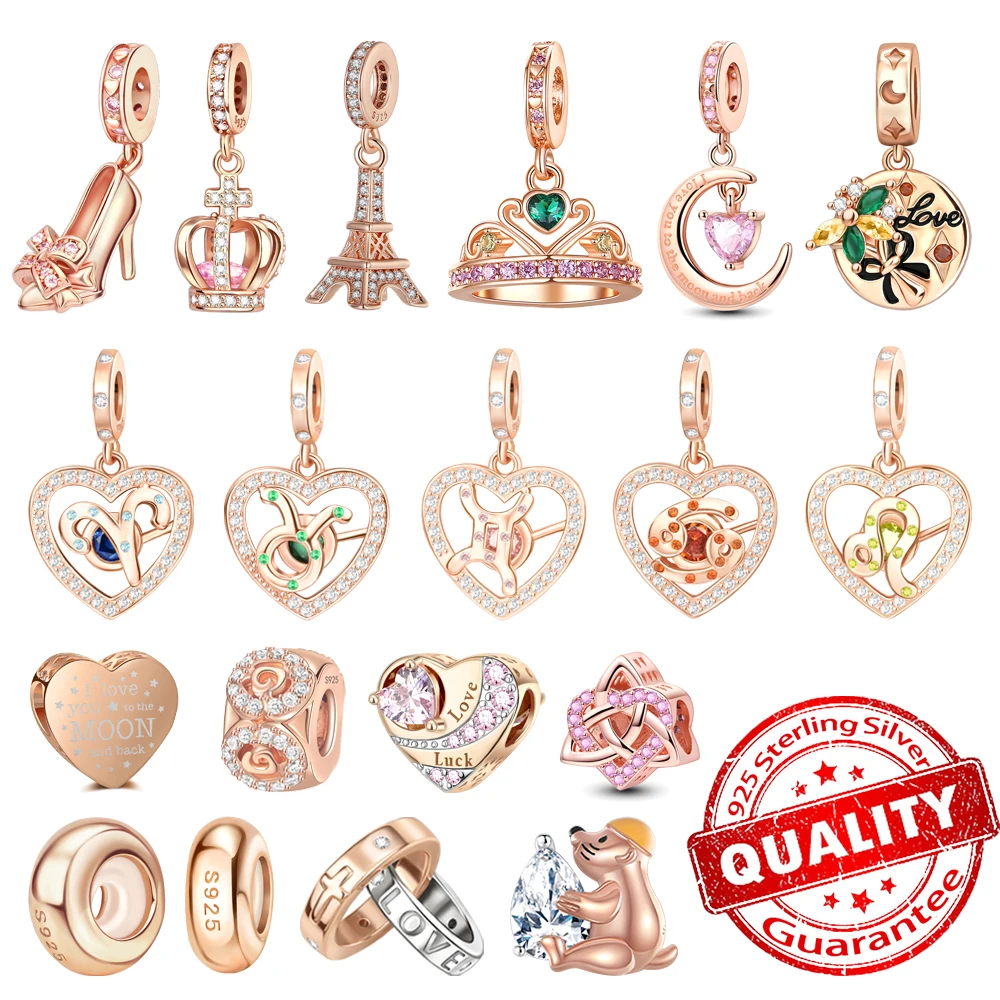 Rose Gold Series 925 Sterling Silver Twelve Constellation Crescent Moon Crown High Heel Charm Fit DIY Bracelet Necklace Gifts