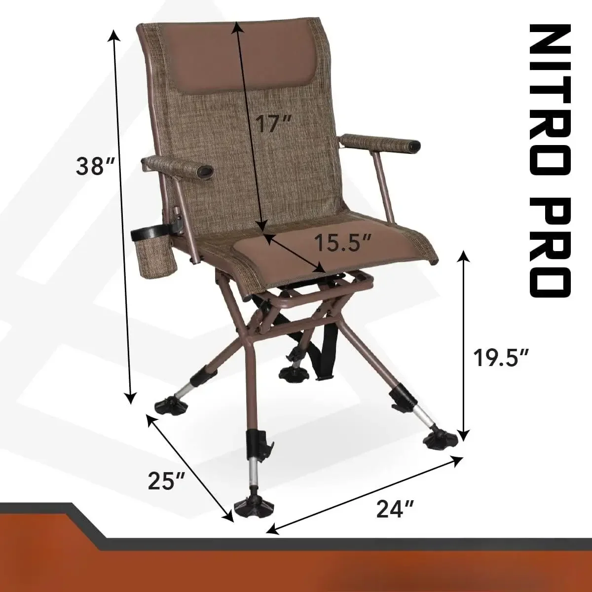 كرسي صيد دوار XL – شديد التحمل 360 درجة °   مقعد أعمى صامت يدعم 300 رطل، ومساند للذراعين المبطنة، وأقدام لجميع التضاريس، وحامل الأكواب