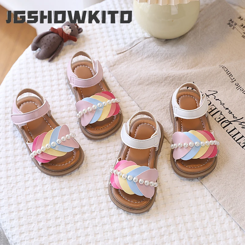 JGSHOWKITO Girls Rainbow Sandals Candy Color Open Toes Kids Beach Swimming Shoes with Pearls Beading Princess Special Sweet Soft