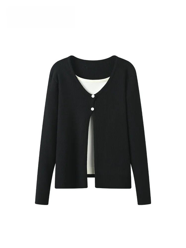 

Женский трикотажный комплект больших размеров: топ с длинным рукавом и круглым вырезом в корейском стиле, осенняя мода, стройнящий эффект, цветные блоки, две части