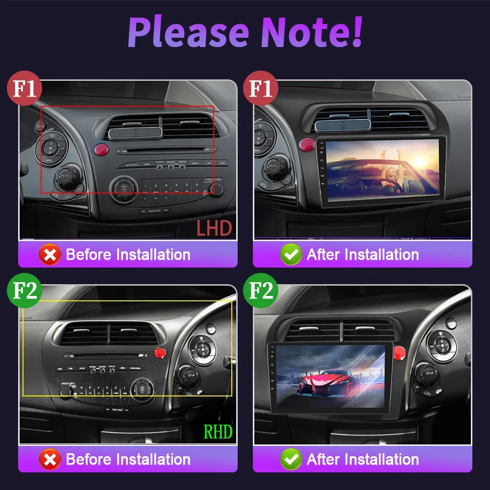 For Honda Civic Hatchback 2006-2011 Car Radio Android 14 Multimedia Navigation Wireless CarPlay 4G GPS Stereo Head Unit Screen