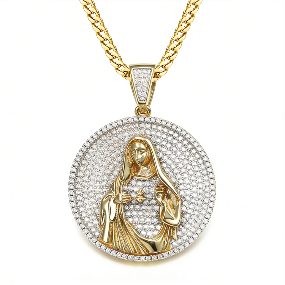 

VANAXIN кулон Девы Марии, круглое святое ожерелье, позолоченное 14 карат, защитный амулет со льдом, ювелирные изделия для мужчин и женщин, Рождество