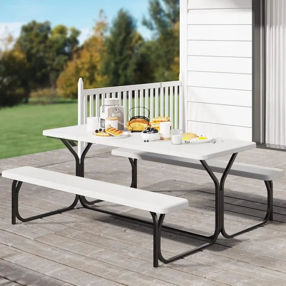 Picnic Table 6ft Heavy Duty Outdoor Picnic Table and Bench Resin Tabletop & Stable Steel Frame w/Umbrella Hole for Yard Patio