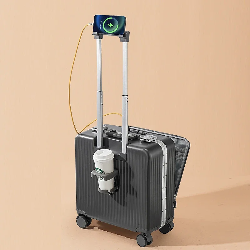 Fashion Rolling Luggage Travel Suitcase Front Open Cover Suitcases Boarding Box Student Trolley Password Case Cup Holder Trunk